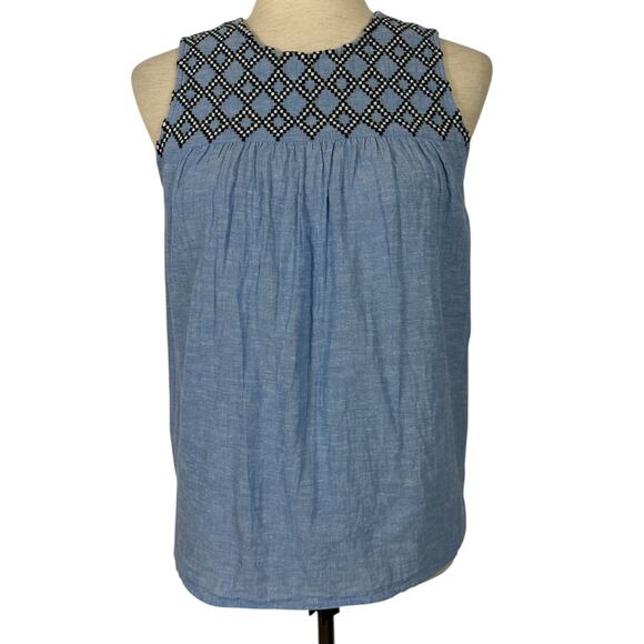 J Crew Linen Cotton Top Women Size 4 Embroidered Chambray Sleeveless Preppy Boho - Picture 1 of 11